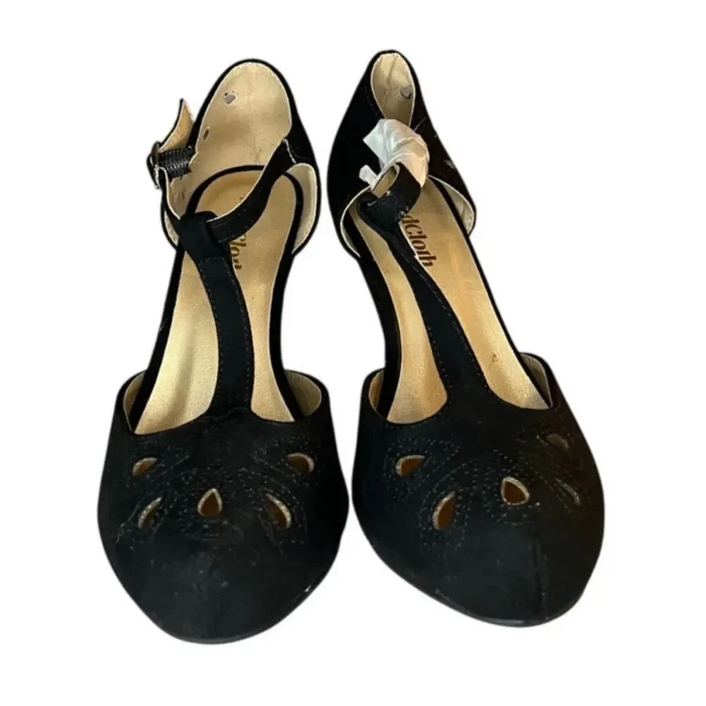 ModCloth Black Suede T Strap Platform Heels 5W Rockabilly Pinup Retro - Picture 2 of 5